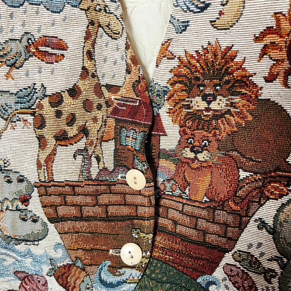 Vintage Vest Womens Large Facets by Mirrors Noah's Ark Tapestry Animal Print 90s - Picture 3 of 7
